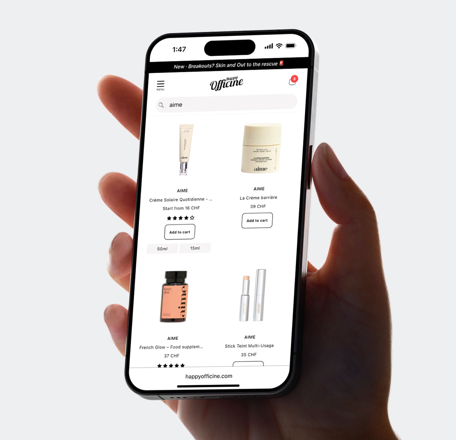 Mobile search and product listing experience for Happy Officine marketplace showing product discovery, filtering, and add to cart interaction