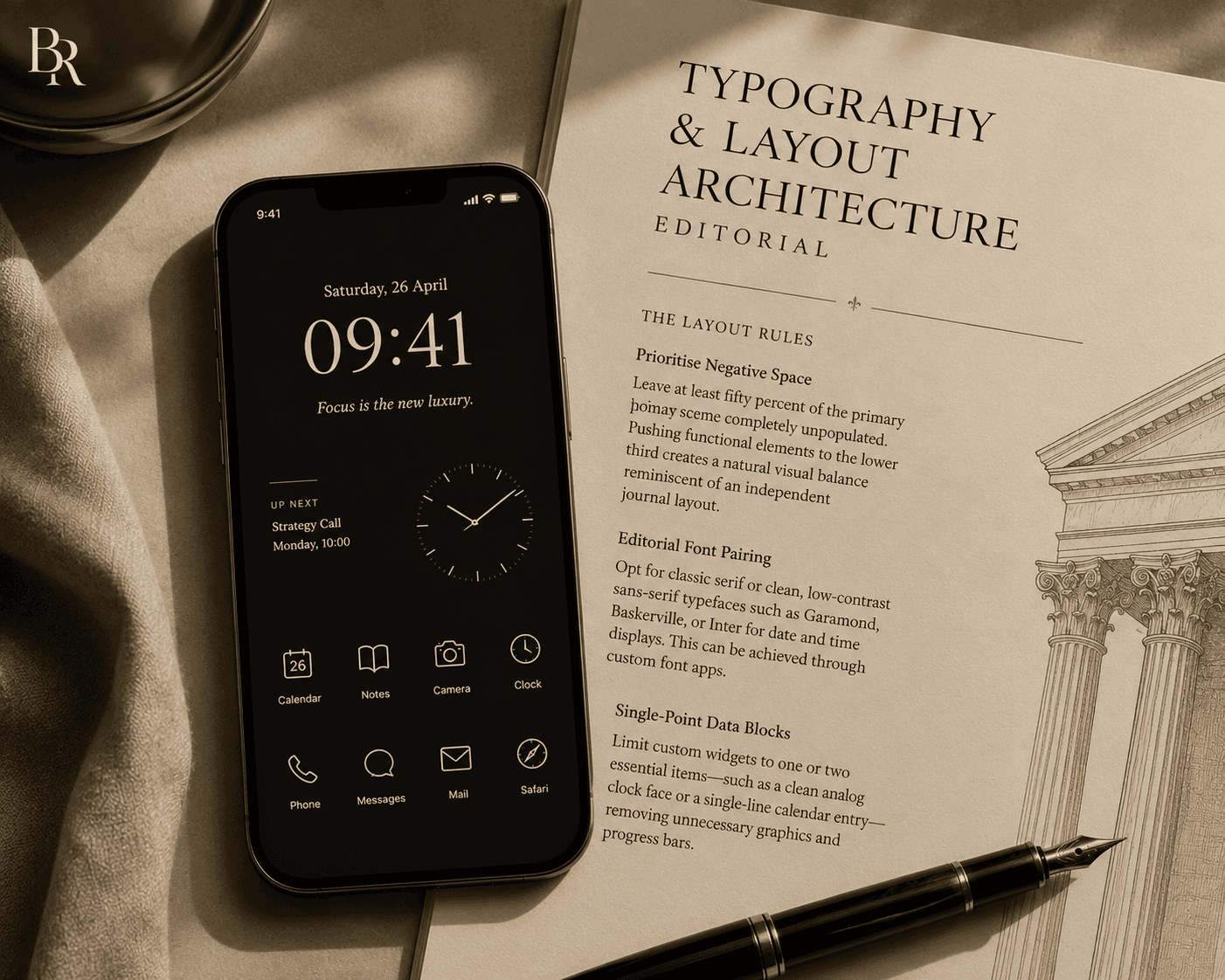An overhead top-down view of a dark-themed smartphone UI layout placed on a warm cream-colored editorial journal. The phone screen features a high-contrast dark aesthetic with classic serif font elements, custom line-style app icons for Calendar, Notes, Camera, and Clock, along with an analog clock widget. Surrounding the phone are warm neutral background textures including a fountain pen, draped fabric, and printed design notes on layout architecture.