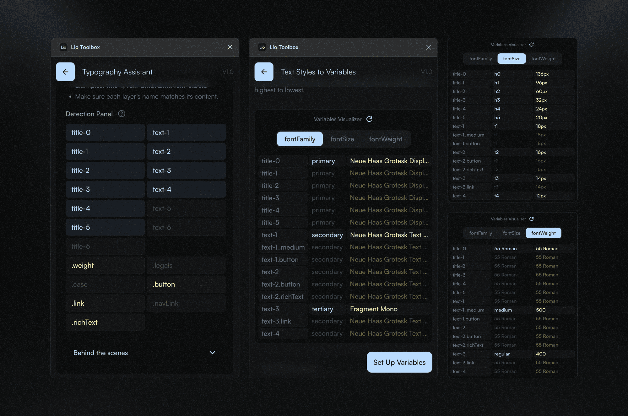 Typography Assistant and Text Styles to Variables panels mapping text styles to font variables.