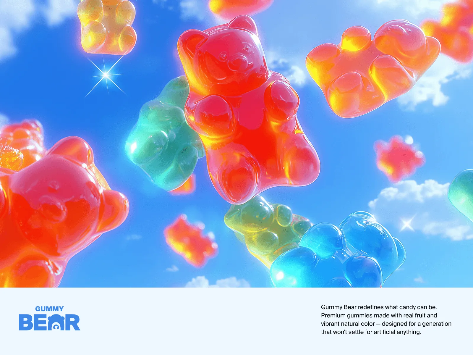Colorful gummy bears floating in a bright blue sky with white clouds, creating a whimsical atmosphere.