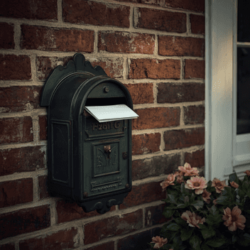Ein Briefkasten an einer Hauswand mit einem eingesteckten Briefumschlag, Nahaufnahme, natürliches Tageslicht, dokumentarische Editorial-Fotografie.