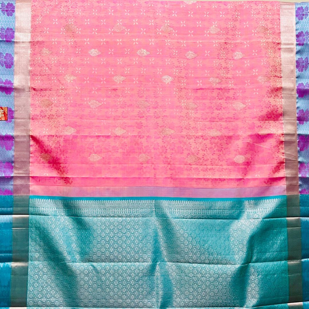 Soft Pink and Teal Green Floral Kanchivaram Silk Saree