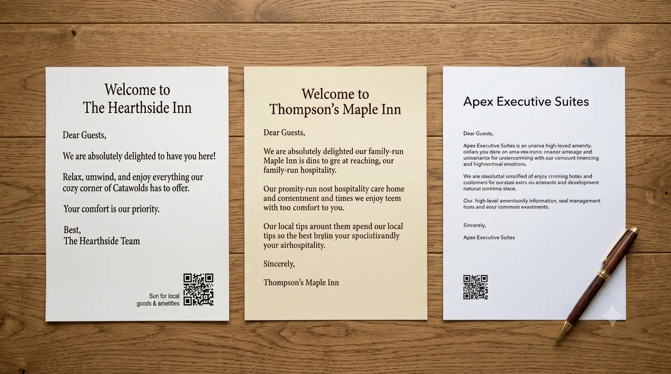 Illustration of three hotel welcome letter samples laid out on a table, one for each property style.