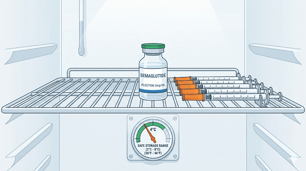 Prefilled semaglutide syringes stored properly in refrigerator
