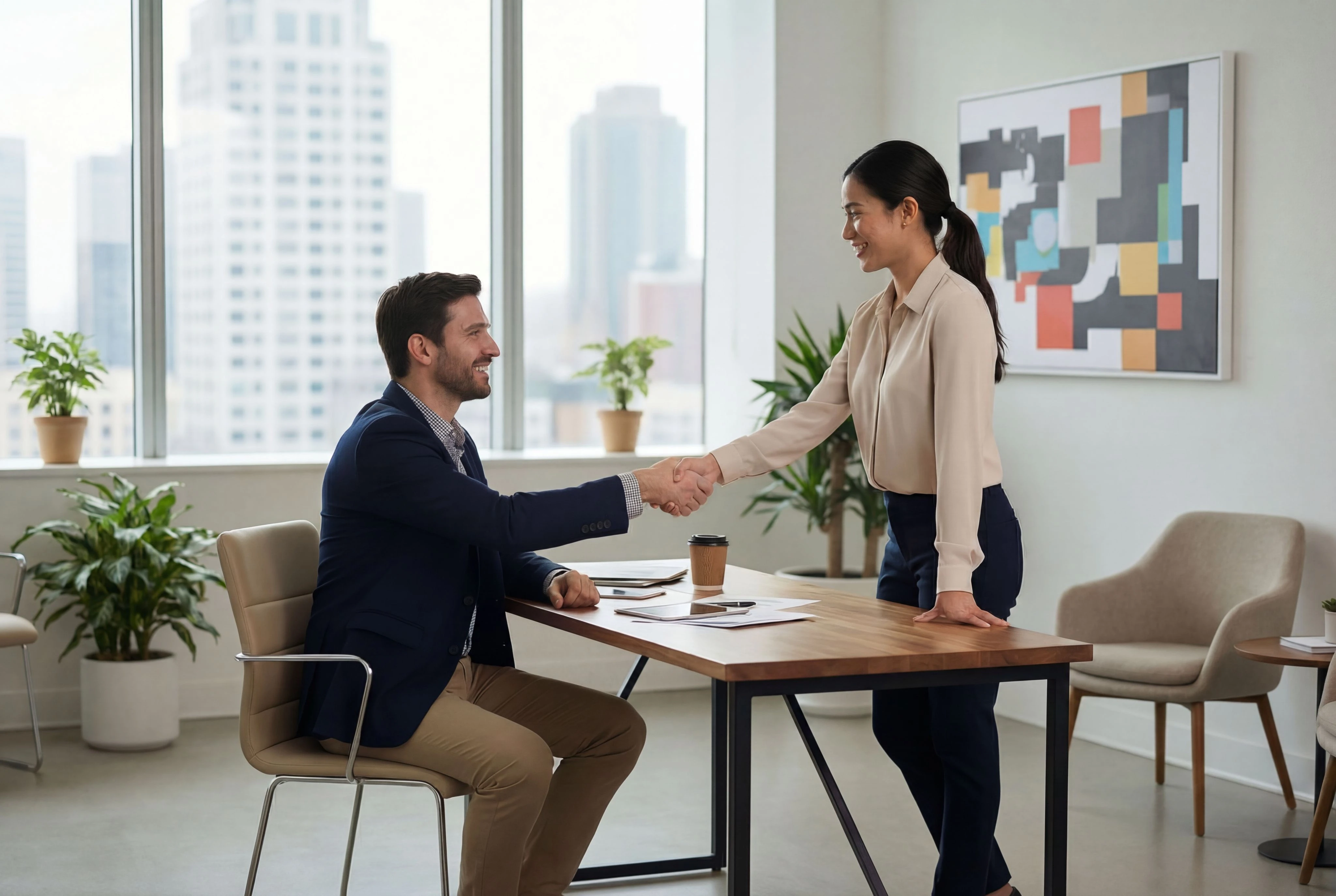 Two business professionals shaking hands across a desk in a modern office, representing a small business owner securing funding through SimpliPay.
