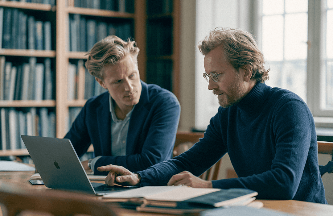 Dois homens sentados à mesa de uma biblioteca conversam enquanto olham para a tela de um notebook aberto.