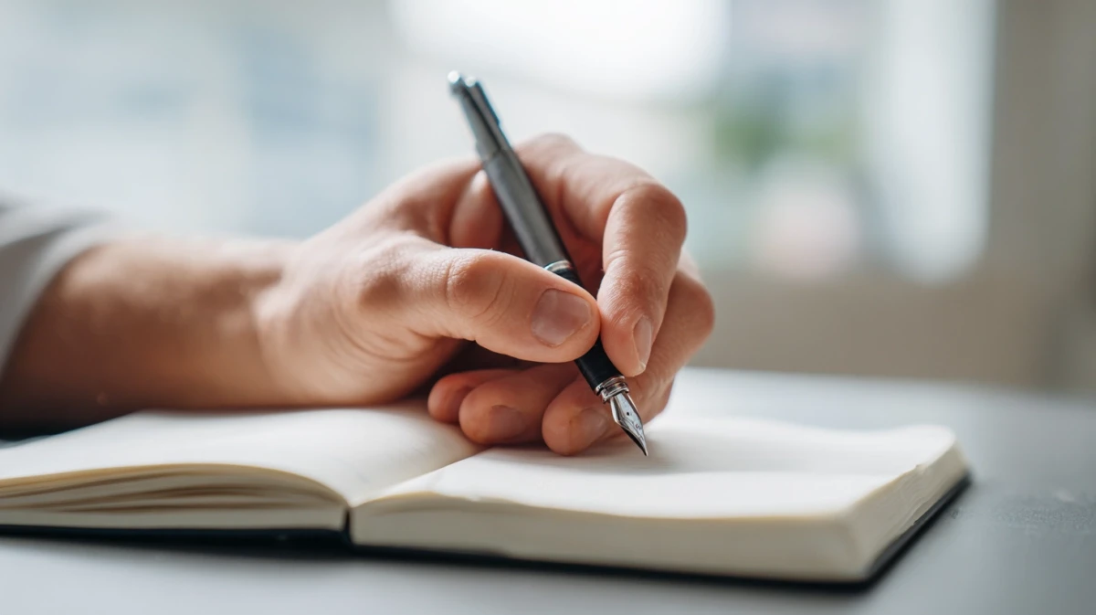 Close-up of hand writing in notebook on simple surface