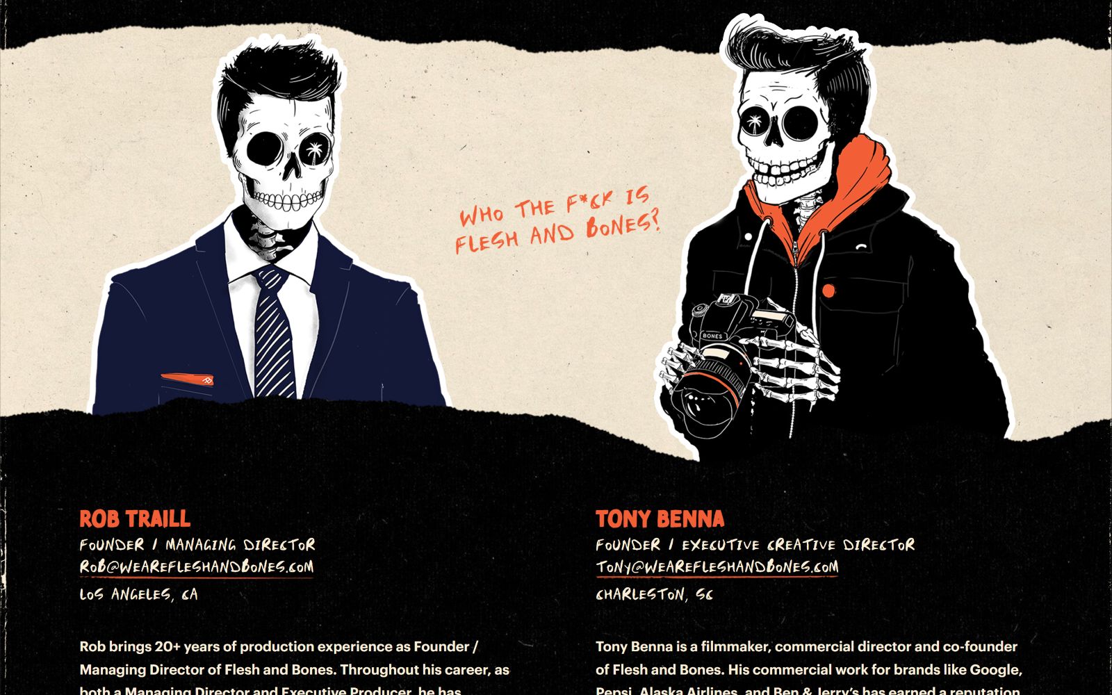 Skeleton in a suit and tie on left, and a skeleton in a hoodie holding a camera on right. Text: "Who the f*ck is Flesh and Bones?