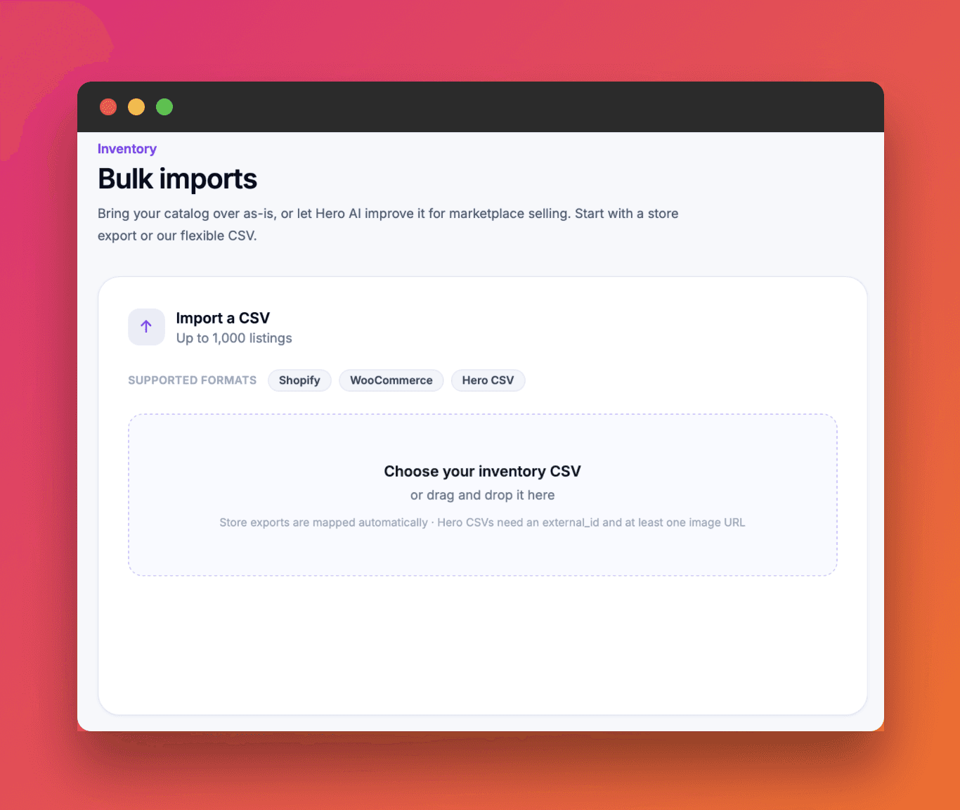 Hero web inventory dashboard with the Import products button