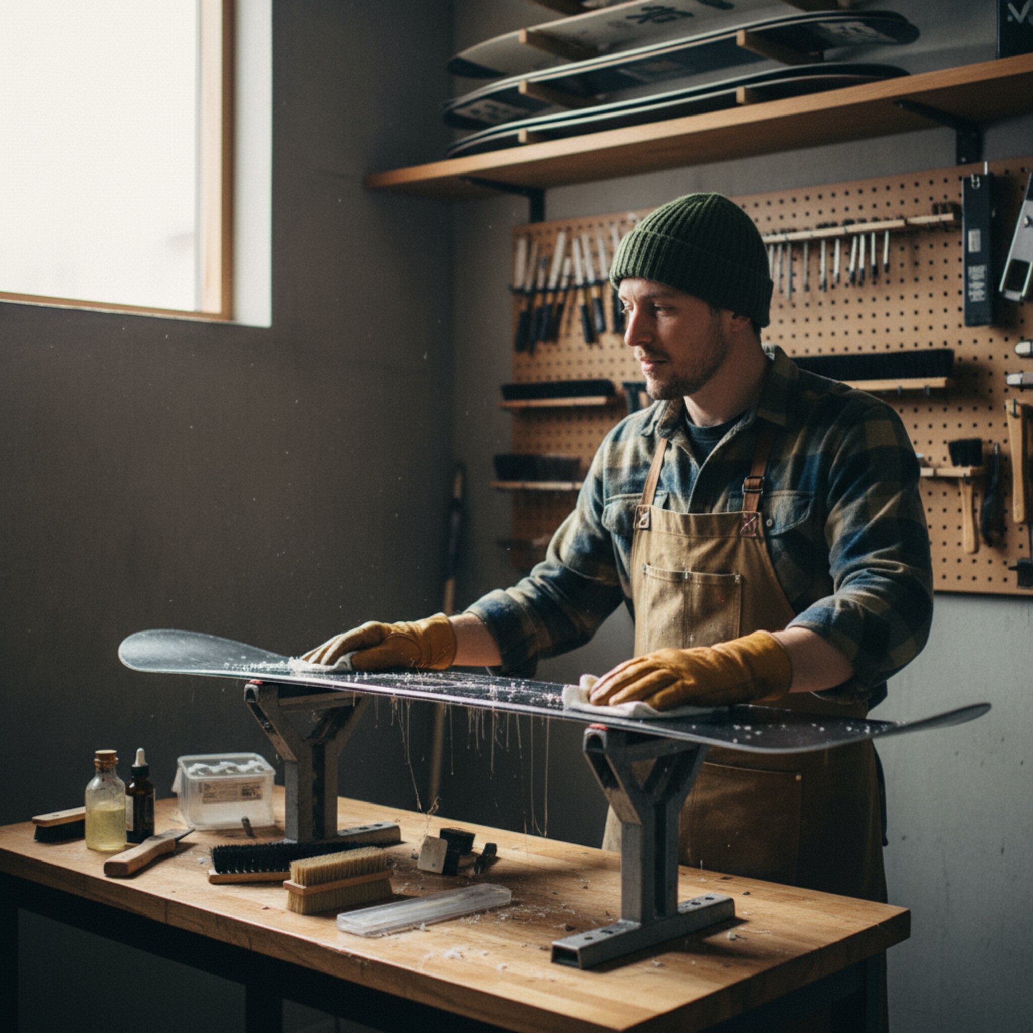 In der Werkstatt liegt ein Snowboard auf dem Ständer, frisch gewachst, feine Wachsstränge glänzen. Ein Techniker zieht mit ruhiger Hand das Tuch über die Kante. Werkzeuge liegen ordentlich neben weichen Bürsten. Es riecht nach Wachs und Holz. Präzision und Sorgfalt bestimmen den Moment.