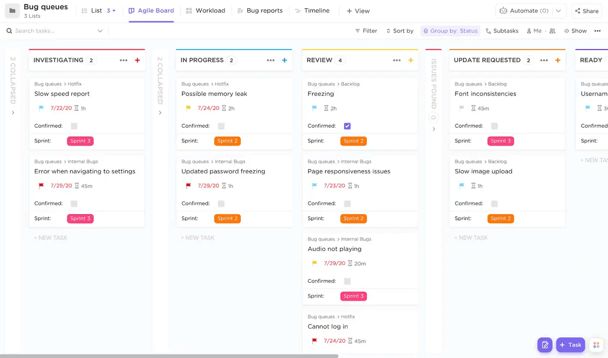 ClickUp’s bug tracking template