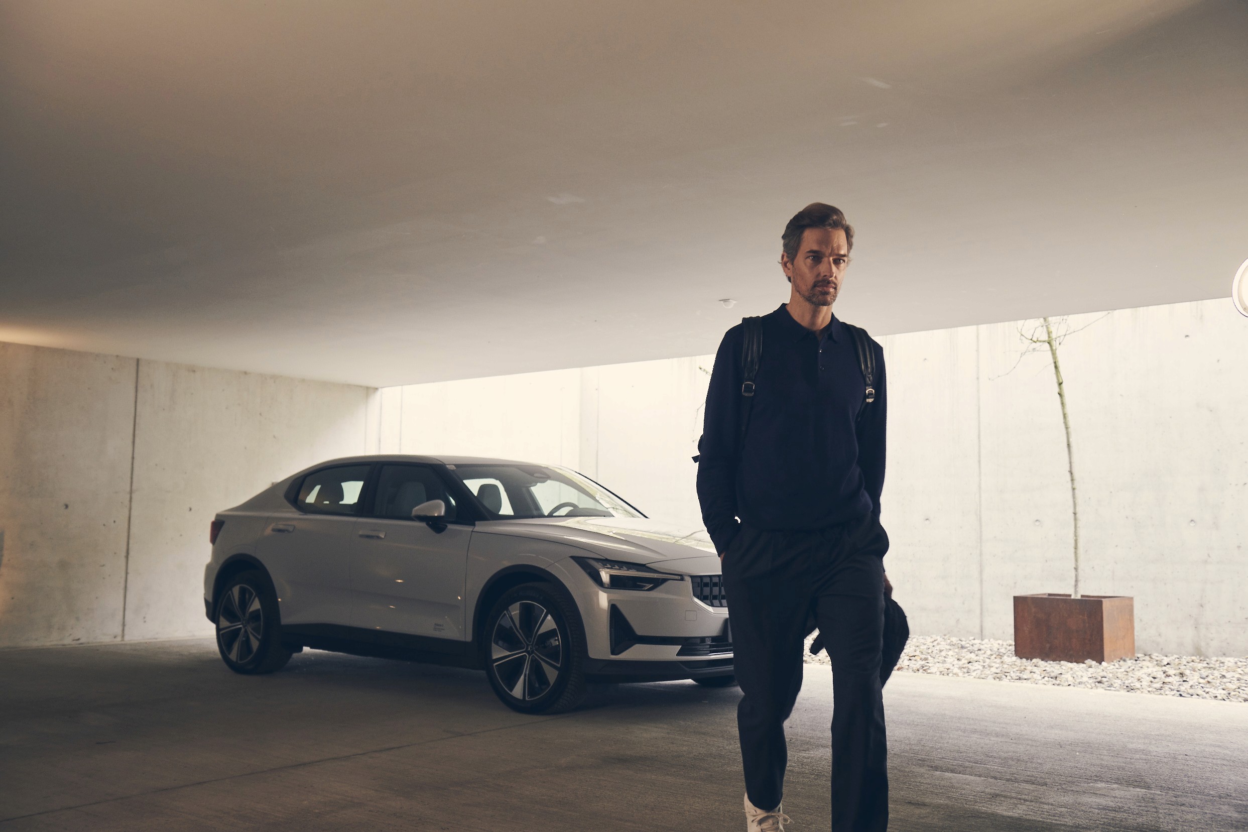 Person, holding a white rose behind his back with one arm on a light blue background