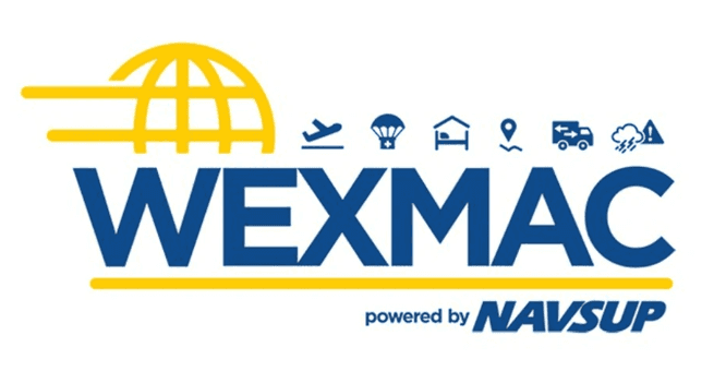 Blue and yellow WEXMAC logo on a light gray background. A stylized yellow globe with horizontal lines appears above and to the left of the word “WEXMAC” in large blue letters. Small blue icons above the wordmark depict an airplane, parachute, building, map pin, utility vehicle, and storm warning. Below the logo, smaller blue text reads “powered by NAVSUP.