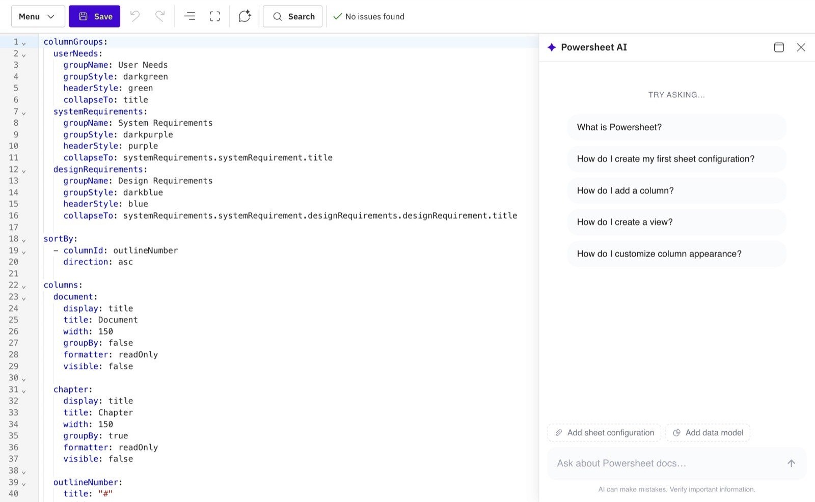 The ✦ Powersheet AI panel open beside a sheet configuration in the Powersheet configuration editor, offering starter questions an administrator can ask.