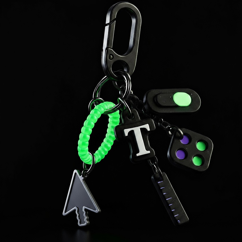 Image of UX design elements on a unique keychain with glowing accents and interactive design features combined.