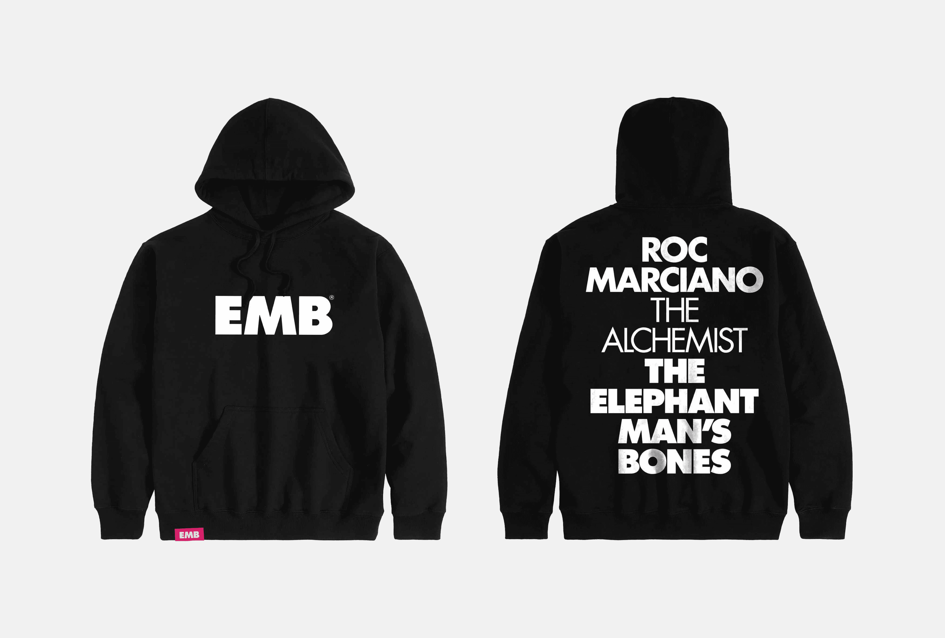 a black hoddie sporting a typographical design