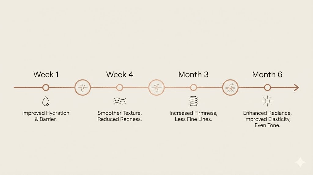 Copper peptides results timeline showing progression from week 1 to month 6