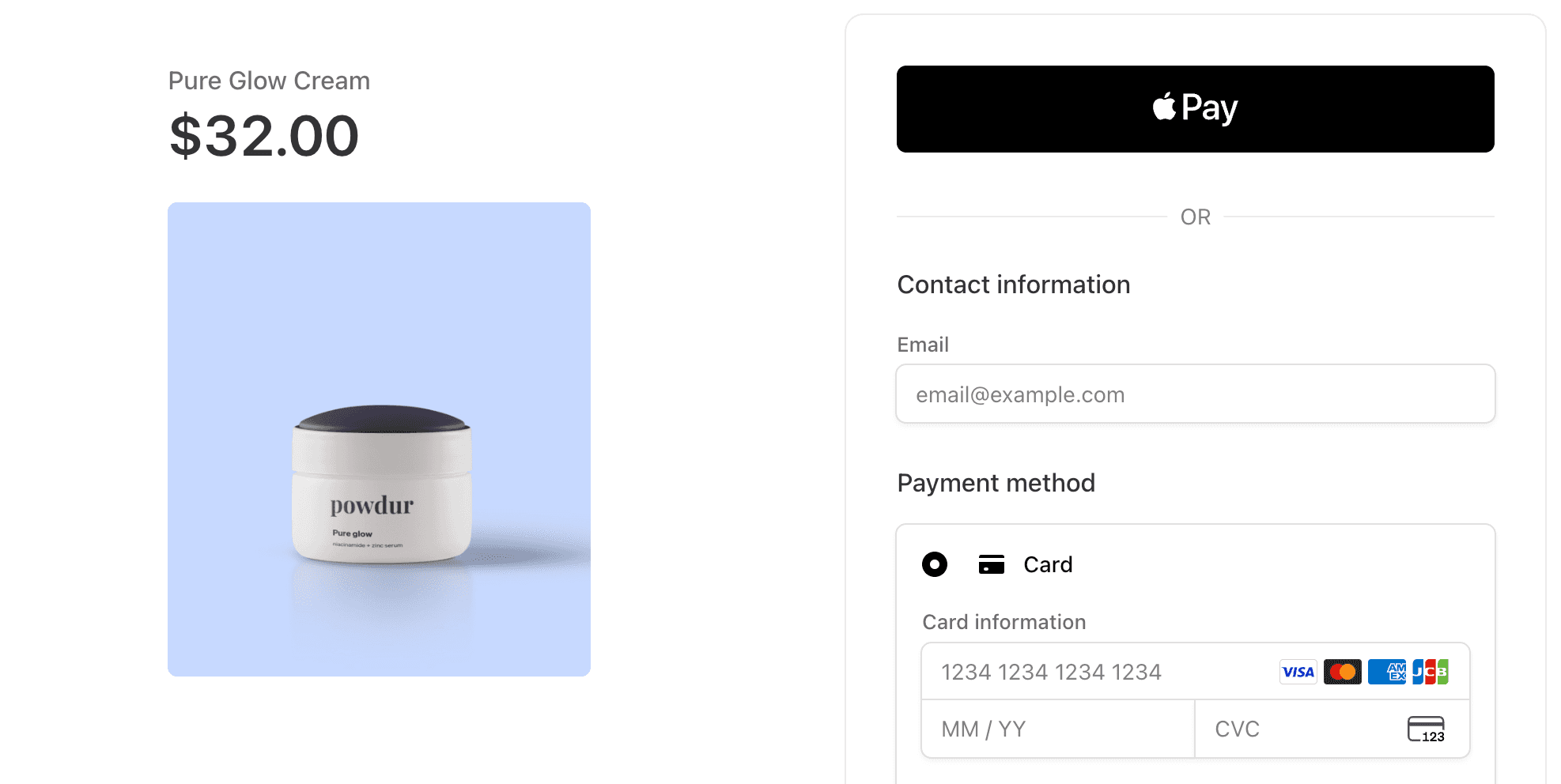 The screenshot shows an example of Stripe's embedded iframe solution