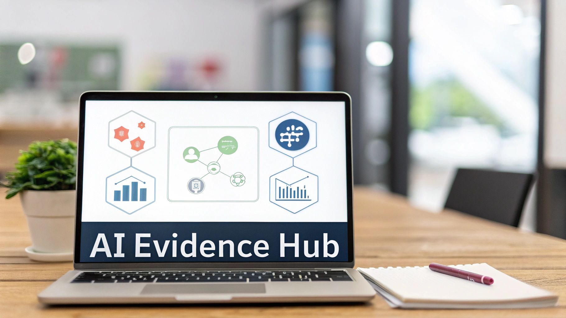 A laptop displaying 'AI Evidence Hub' and hexagon data analysis icons on a wooden desk.