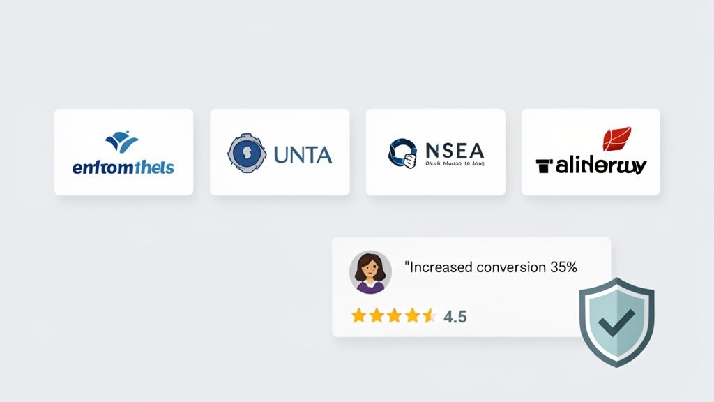 Client logos of enfromthels, UNTA, NSEA, and Talinderuy alongside a customer testimonial highlighting a 35% conversion increase and a 4.5-star rating.