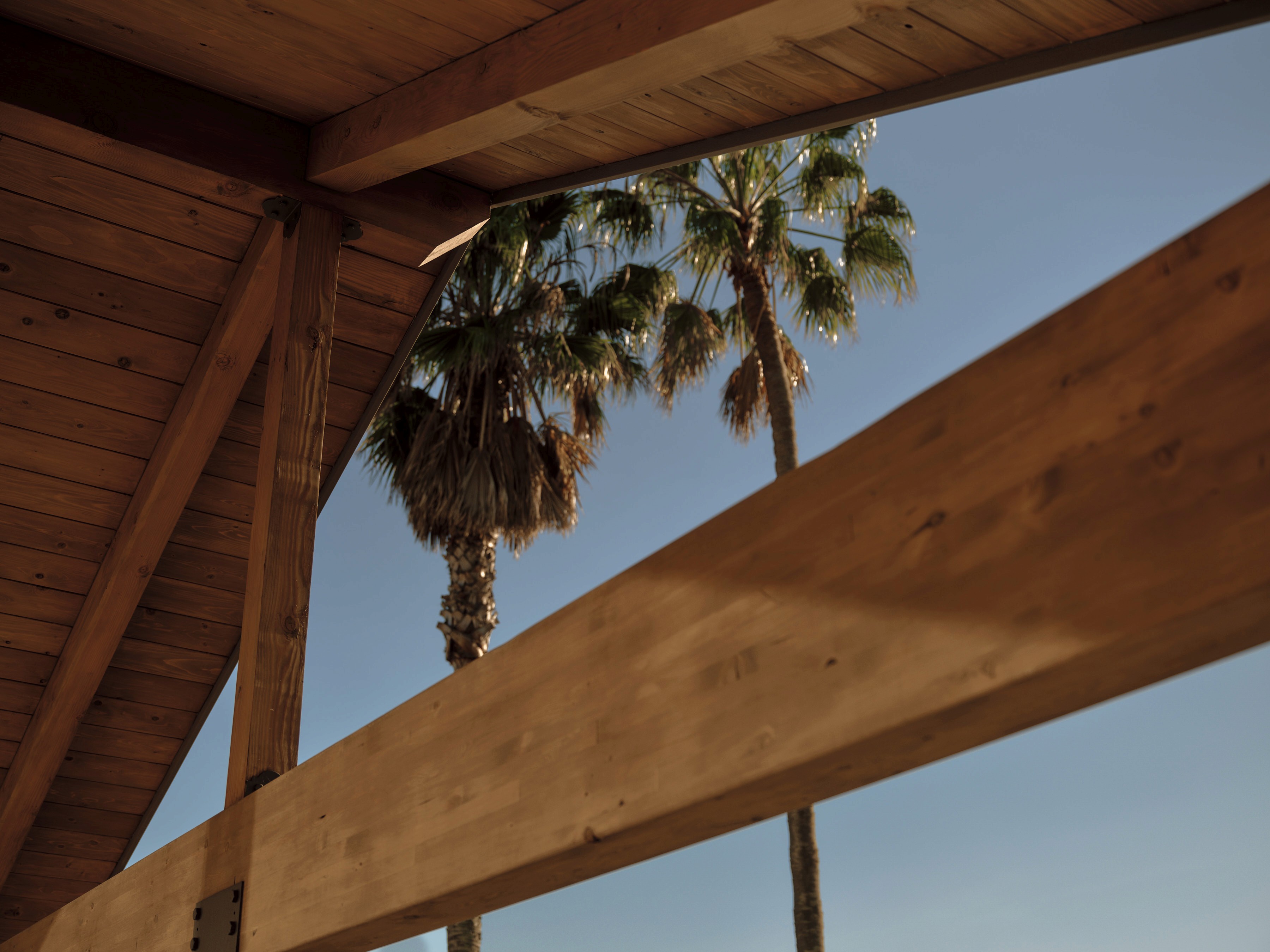 A view from beneath a finished wood-plank ceiling and heavy timber beam, looking out toward two palm trees against a clear blue sky.
