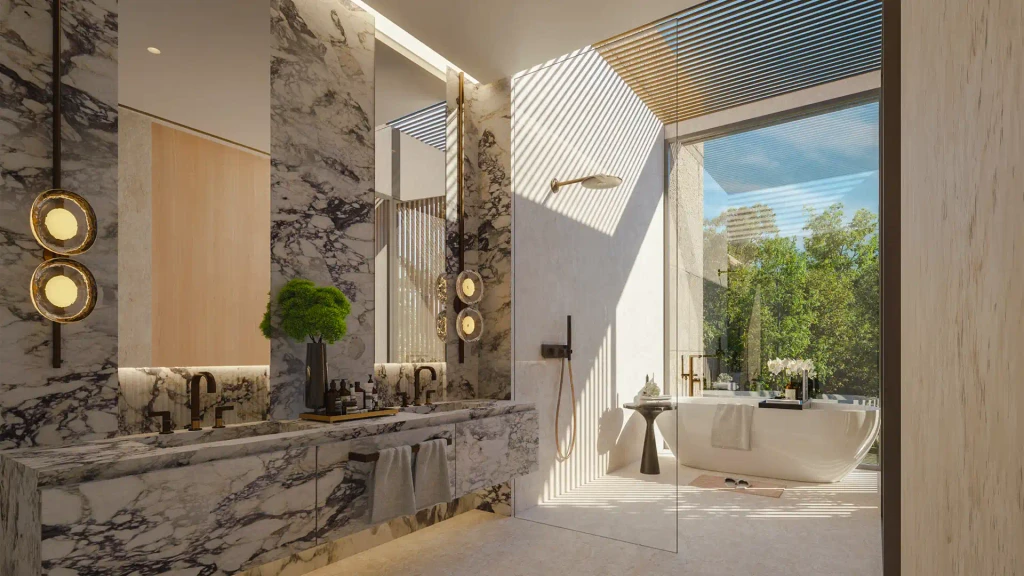 A luxurious bathroom featuring elegant marble walls and flooring, located in Altissima, Dubai.