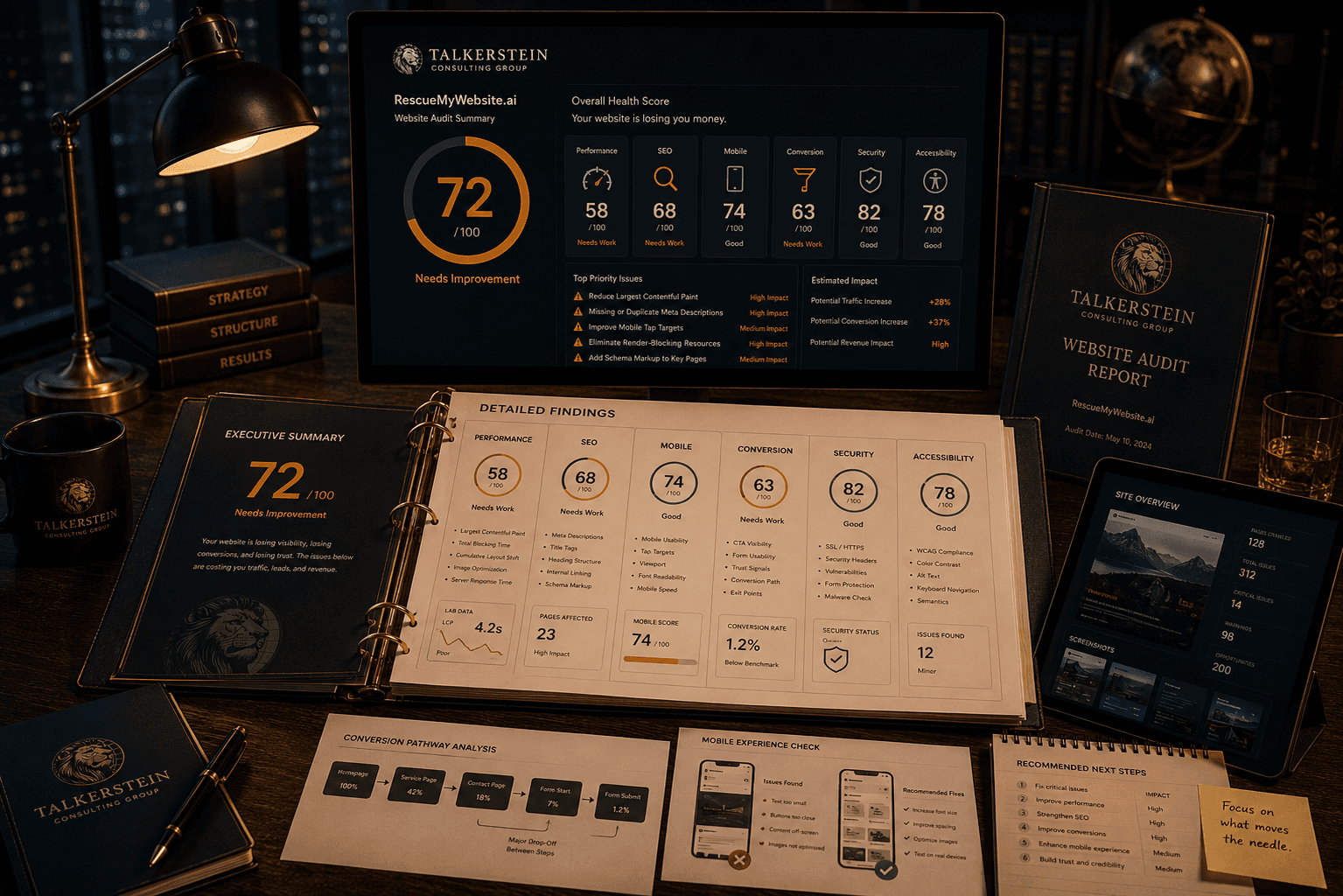 Executive website audit workspace featuring a large monitor displaying website diagnostics surrounded by SEO reports, performance scorecards, mobile testing results, and audit documents on a dark walnut desk.