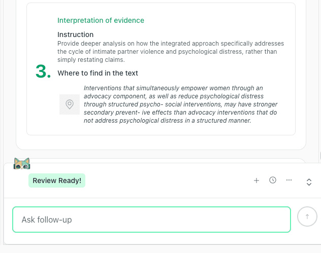 thesify recommendation panel providing instructions to enhance analysis of evidence regarding integrated interventions for intimate partner violence