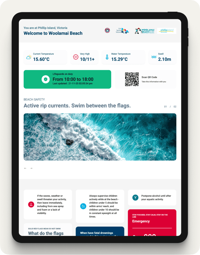 Overview of the beach safety kiosk showing real-time conditions, lifeguard hours, flags, and local safety statistics.