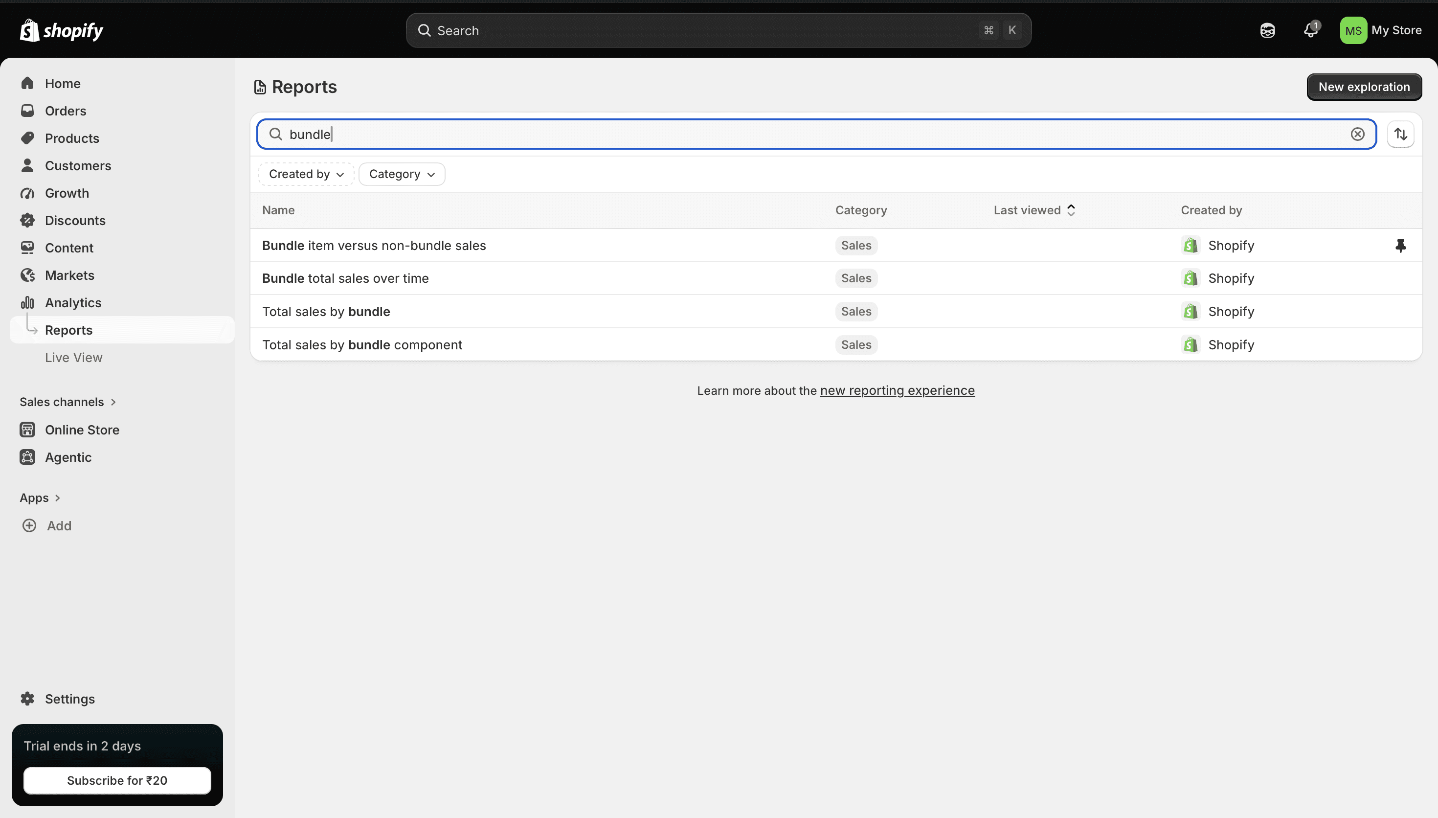 Shopify report search for bundle: four results, all tagged Sales