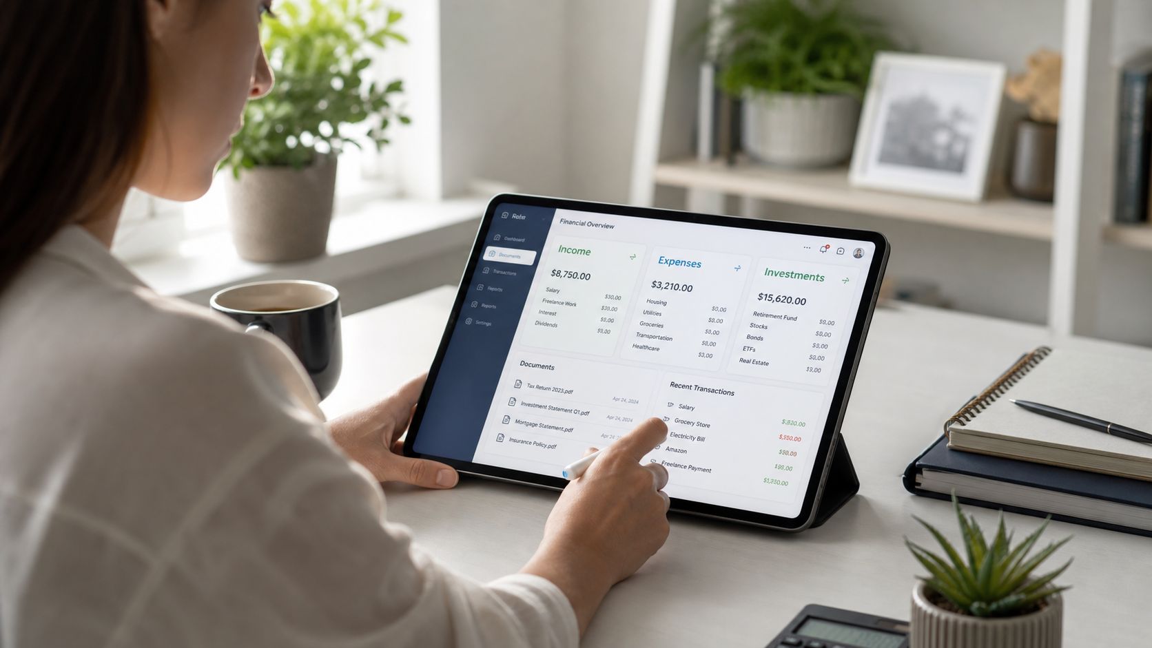 A person uses a digital tablet to review financial documents and automated tax returns in a home office.