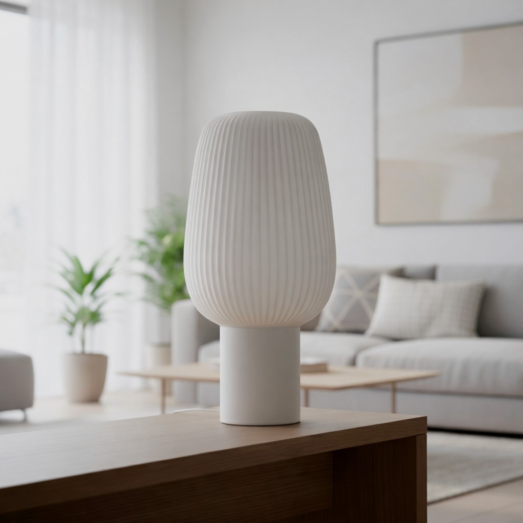 Unlit white ribbed lamp on a wooden console in a bright, modern living room.