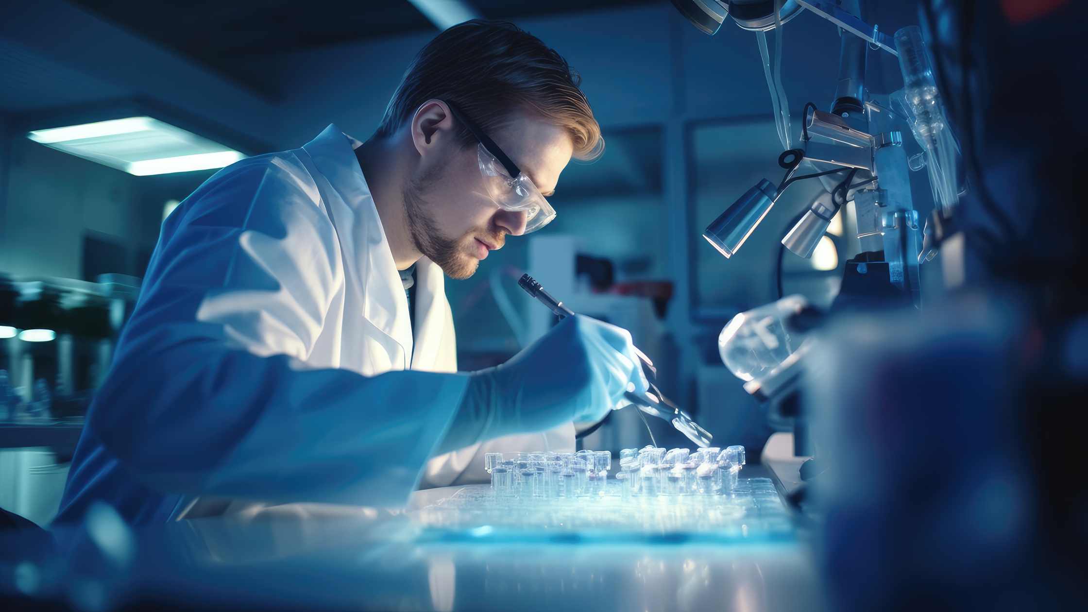 A photo of gloved hands holding a synthetic protein sample in a petri dish