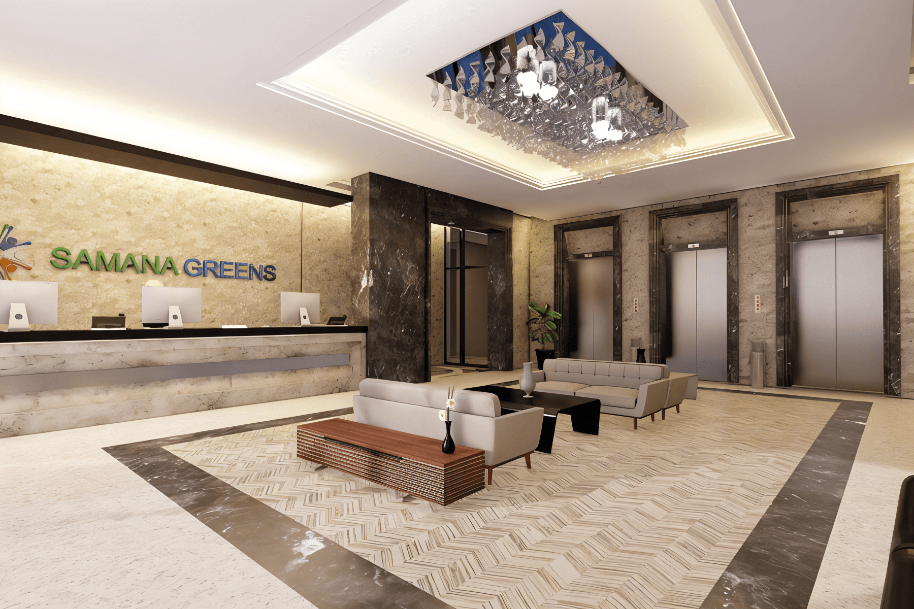 Living room scene with a couch, coffee table, and television, located in the Samana Greens development.