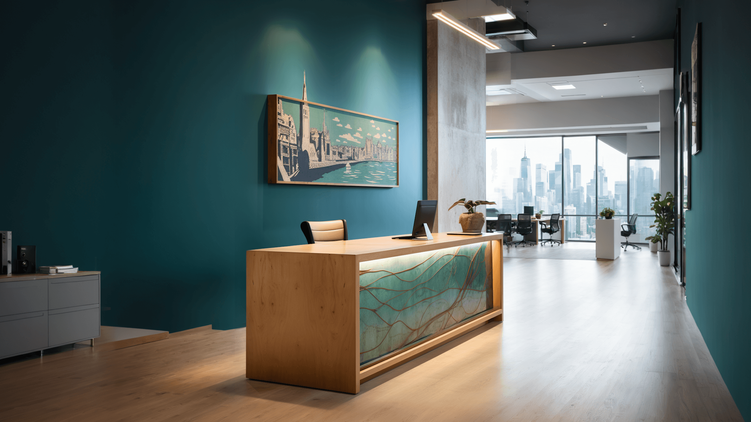 Modern reception area featuring a wooden desk, teal walls, and bright windows leading to an office space.