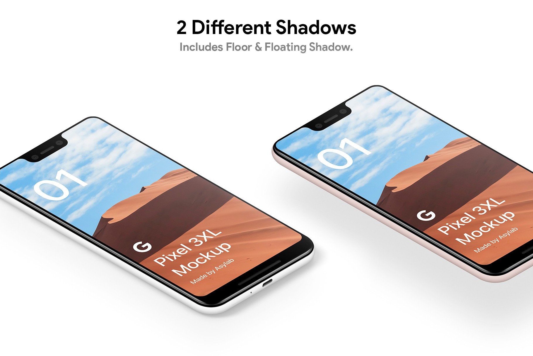 Two shadow styles applied to the Google Pixel 3 XL mockup—floating shadow and floor shadow.