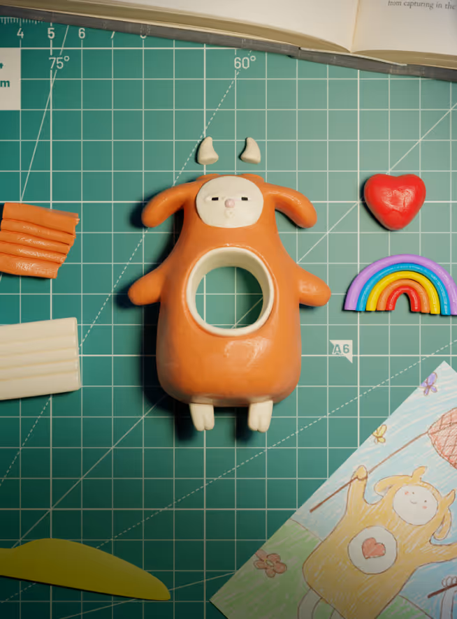 Clay model pieces of a brown cartoon character with a round white face and hollow belly, alongside a red heart, colorful rainbow, and a drawing of the character.