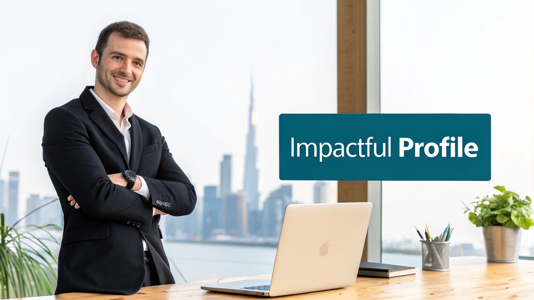 A smiling man in a suit stands by a desk with a laptop, a cityscape, and 