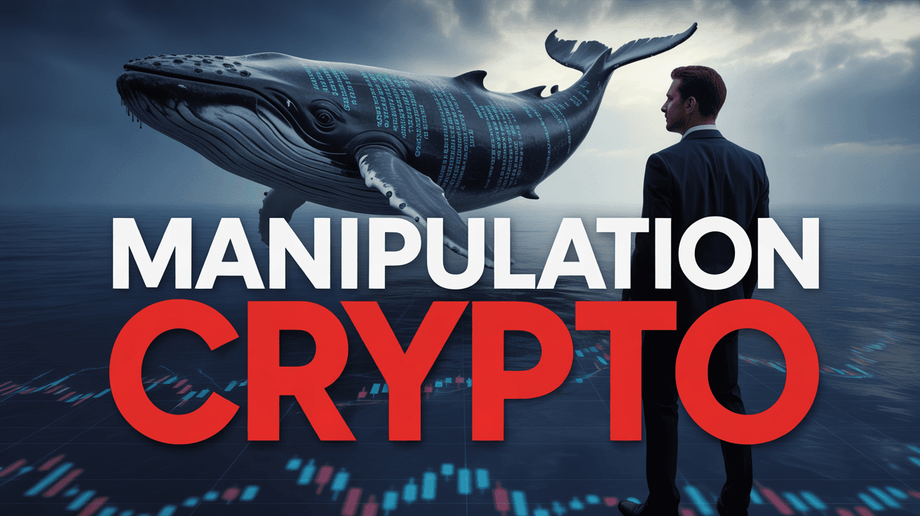 Digital-code whale over crypto charts facing businessman silhouette with MANIPULATION CRYPTO text