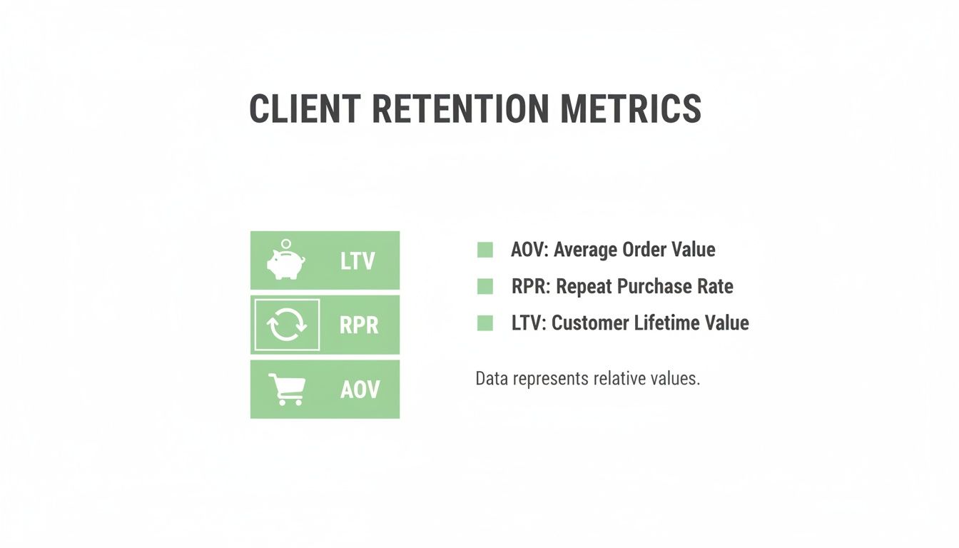 An infographic showing client retention metrics: LTV, RPR, and AOV, with their full descriptions.