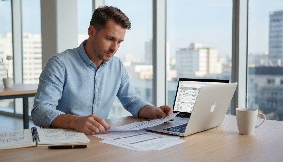Un entrepreneur assis à un bureau moderne et lumineux, comparant des devis imprimés posés à côté d'un ordinateur portable ouvert, un carnet de notes et une tasse de café devant lui, ambiance professionnelle et concentrée