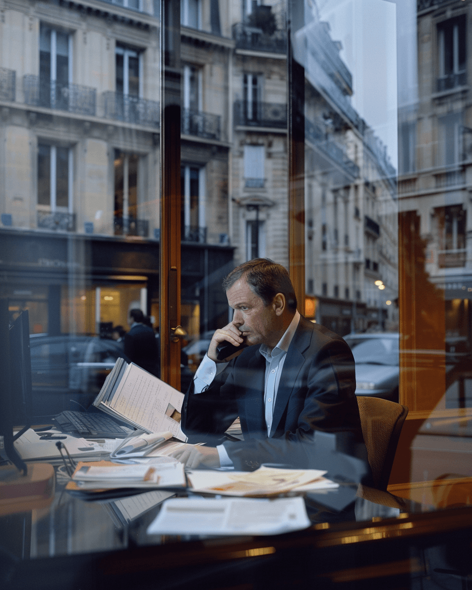 Agent d’assurance français d’une quarantaine d’années au téléphone dans son agence sur rue après réception d’un refus de compagnie.