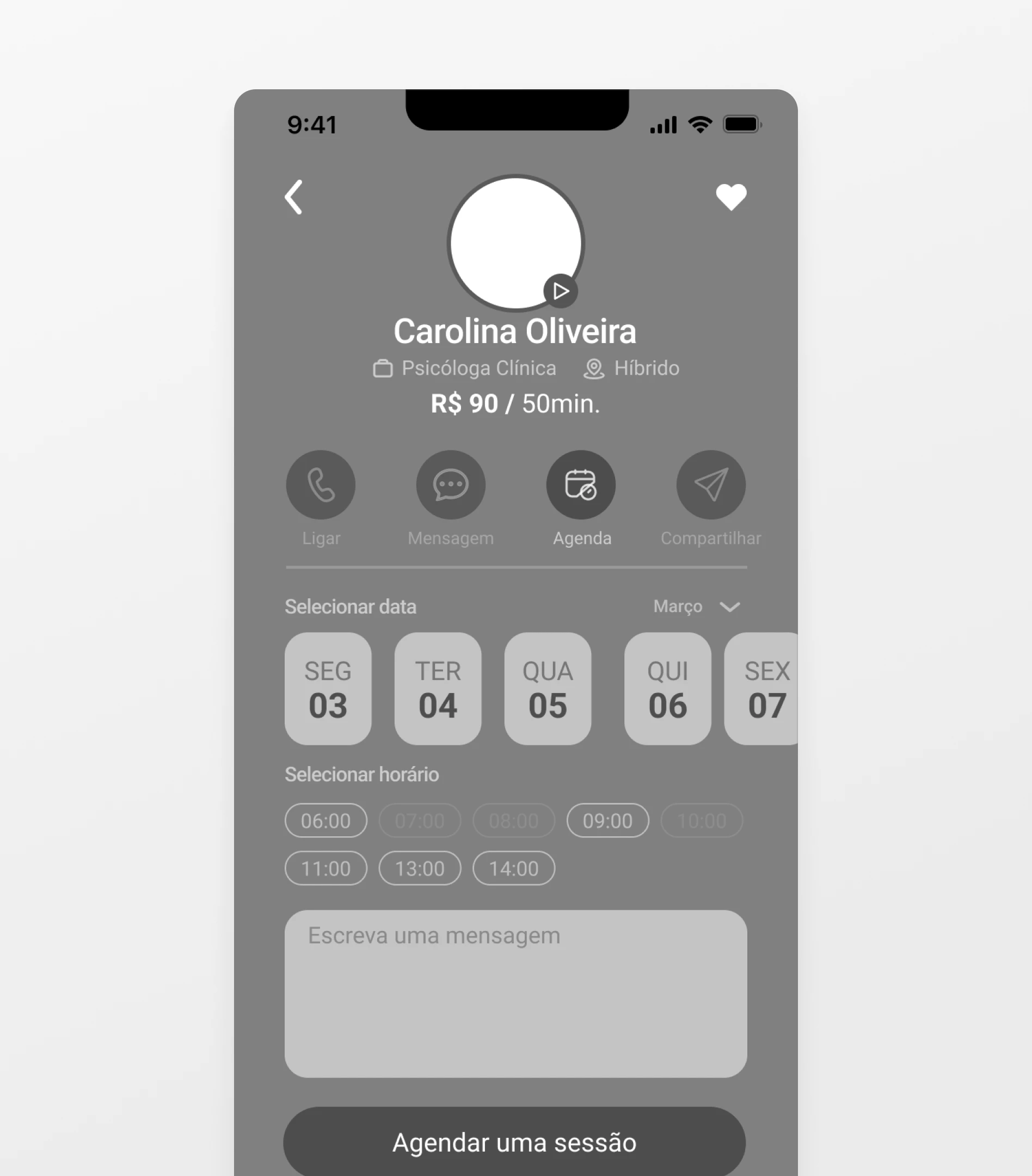 Medium-fidelity mockup showing a psychologist profile.