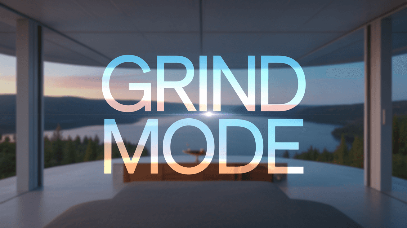 Modern room overlooking a lake at sunset with large glowing Grind Mode title