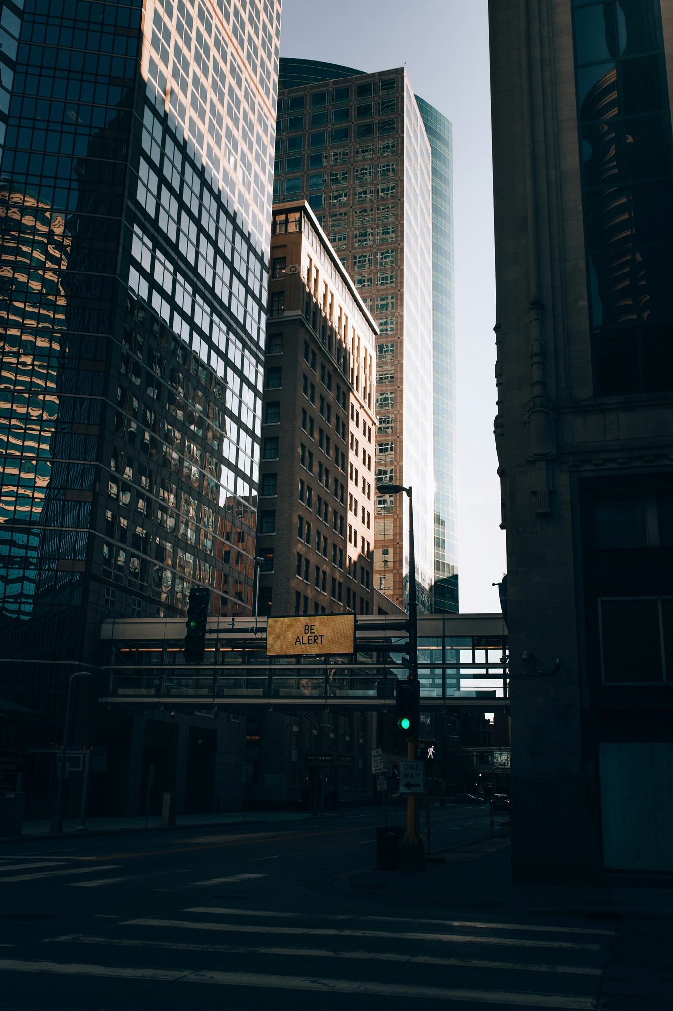 A city scene of skyscrapers.