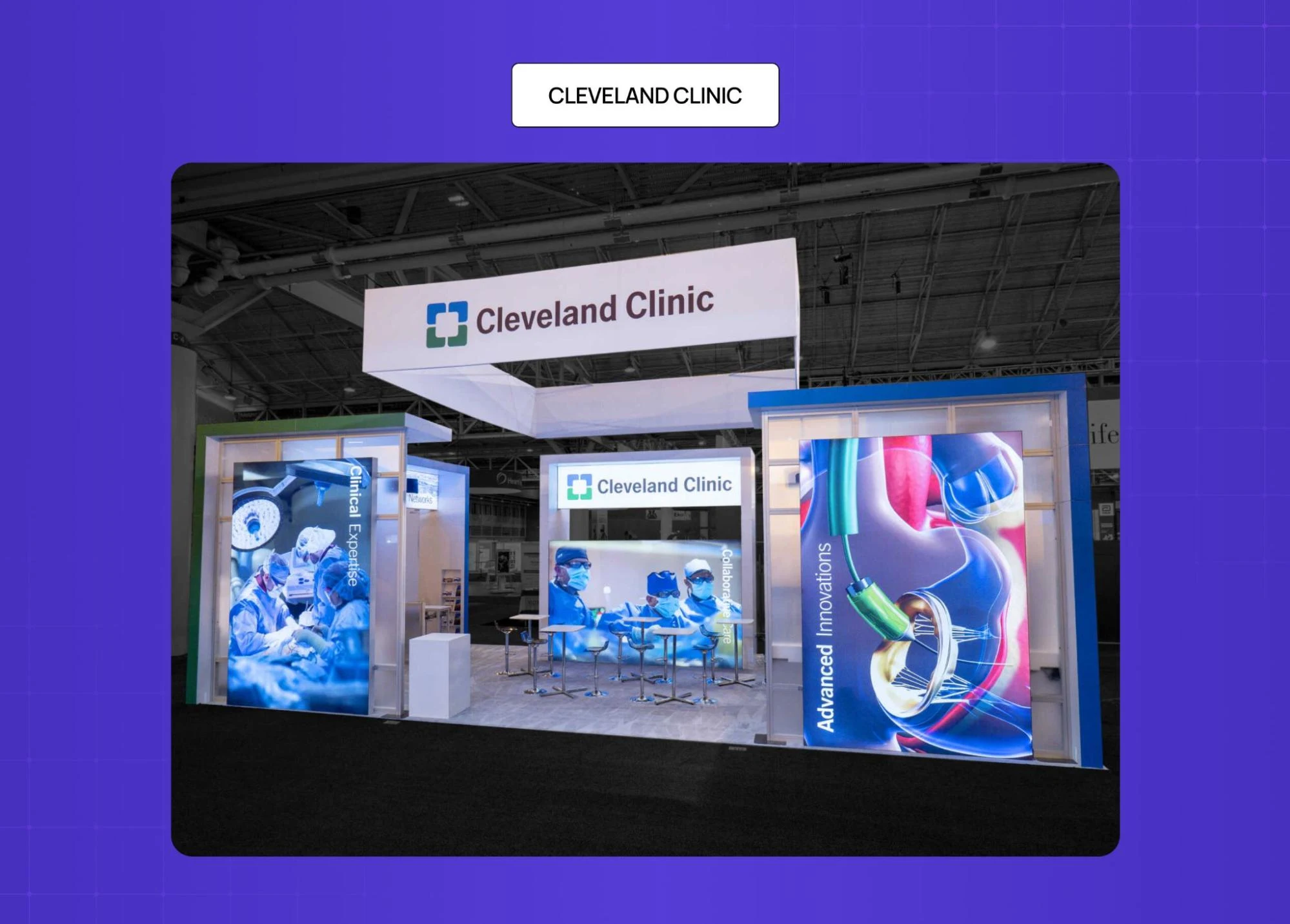 Cleveland Clinic exhibition booth displaying medical innovation visuals, branding, and clinical expertise in a trade show setup. 
