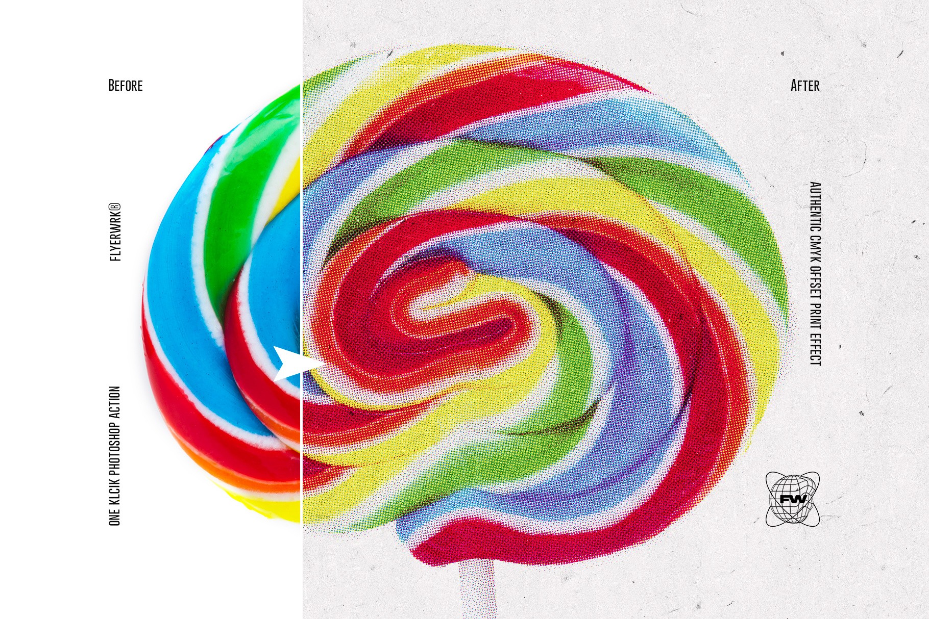 Before and after comparison of a colorful lollipop showing the authentic cmyk offset print effect