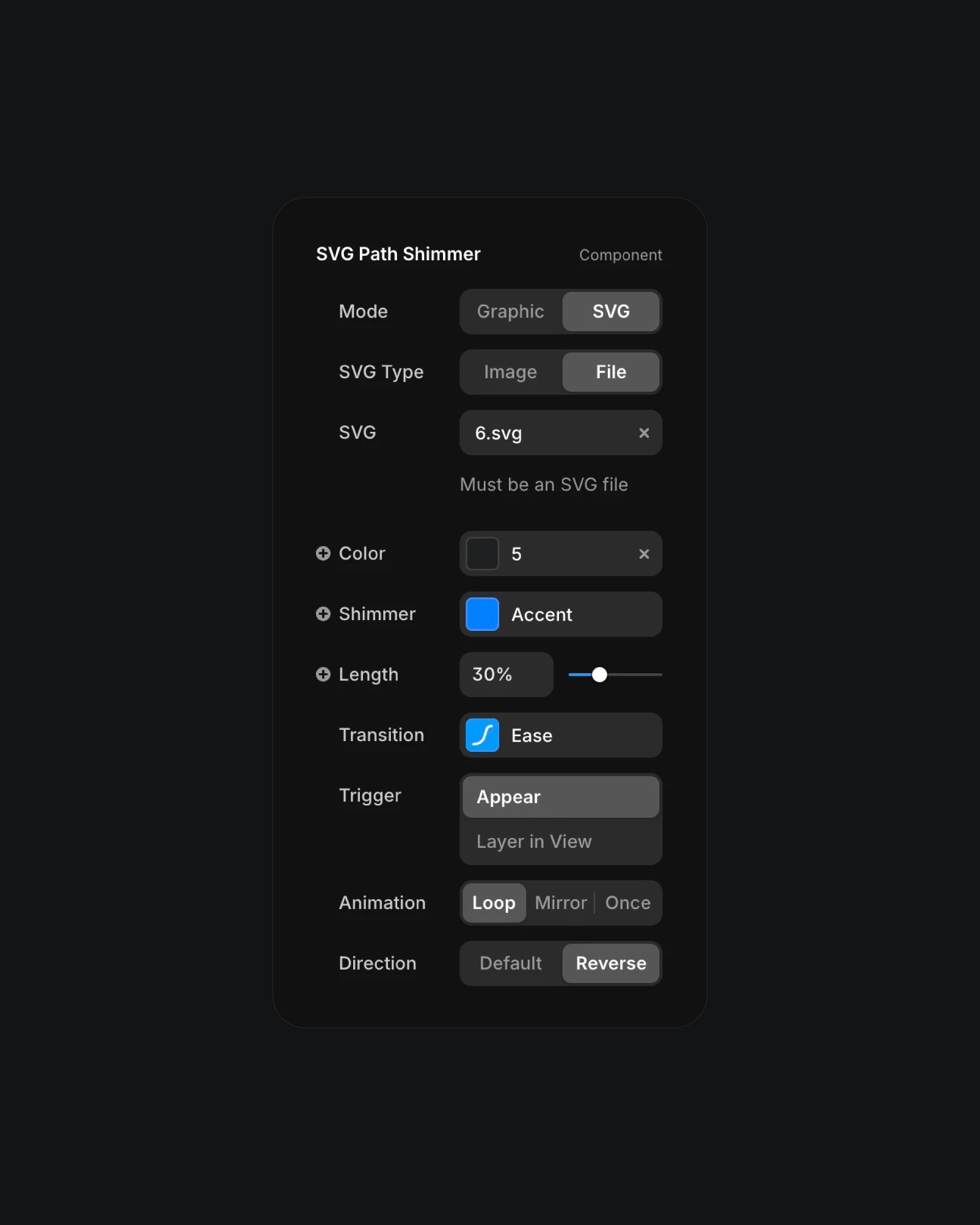 SVG path shimmer settings panel with animation controls and customization options