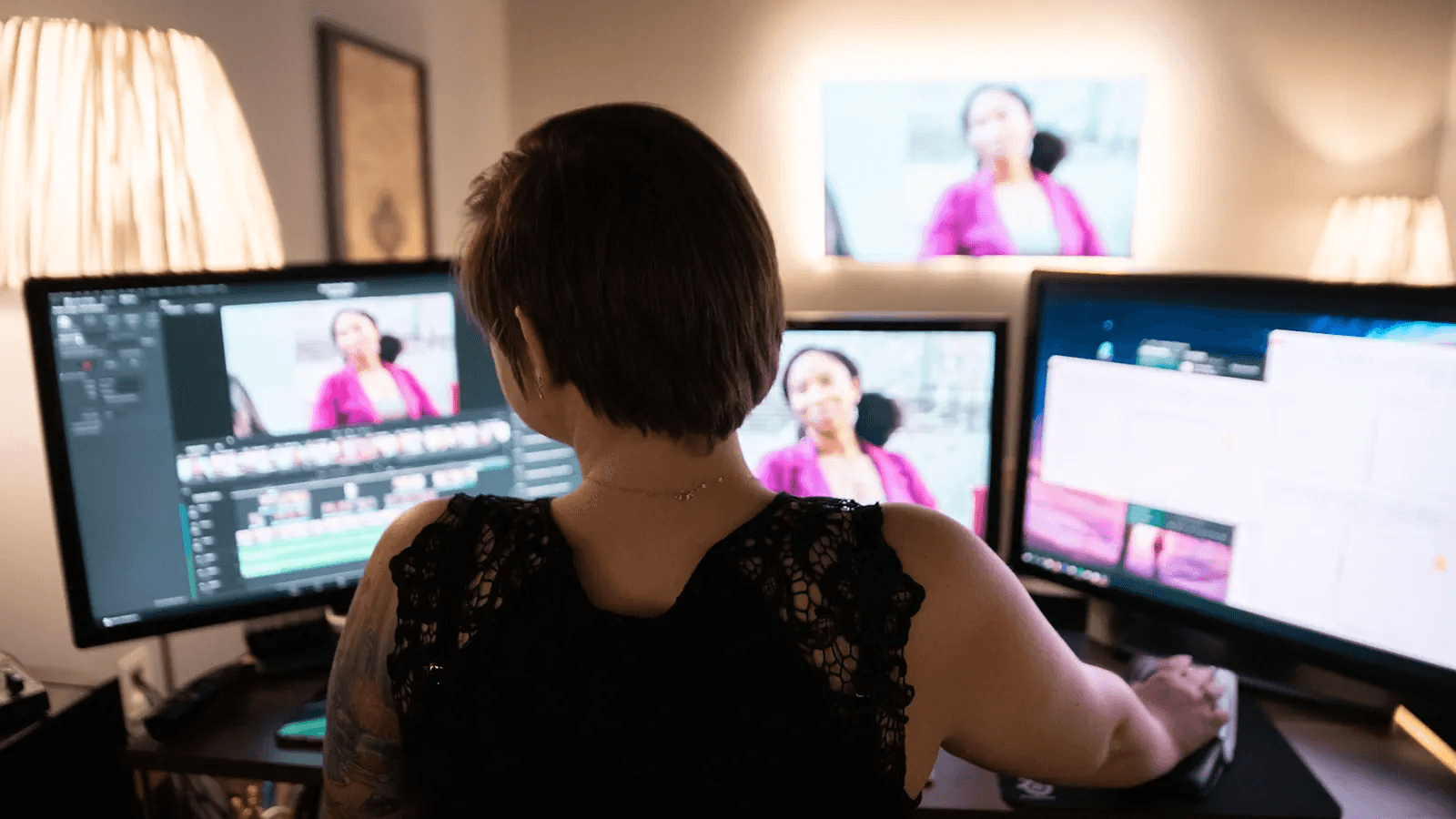 Woman edits video using multiple screens -  Video Storytelling