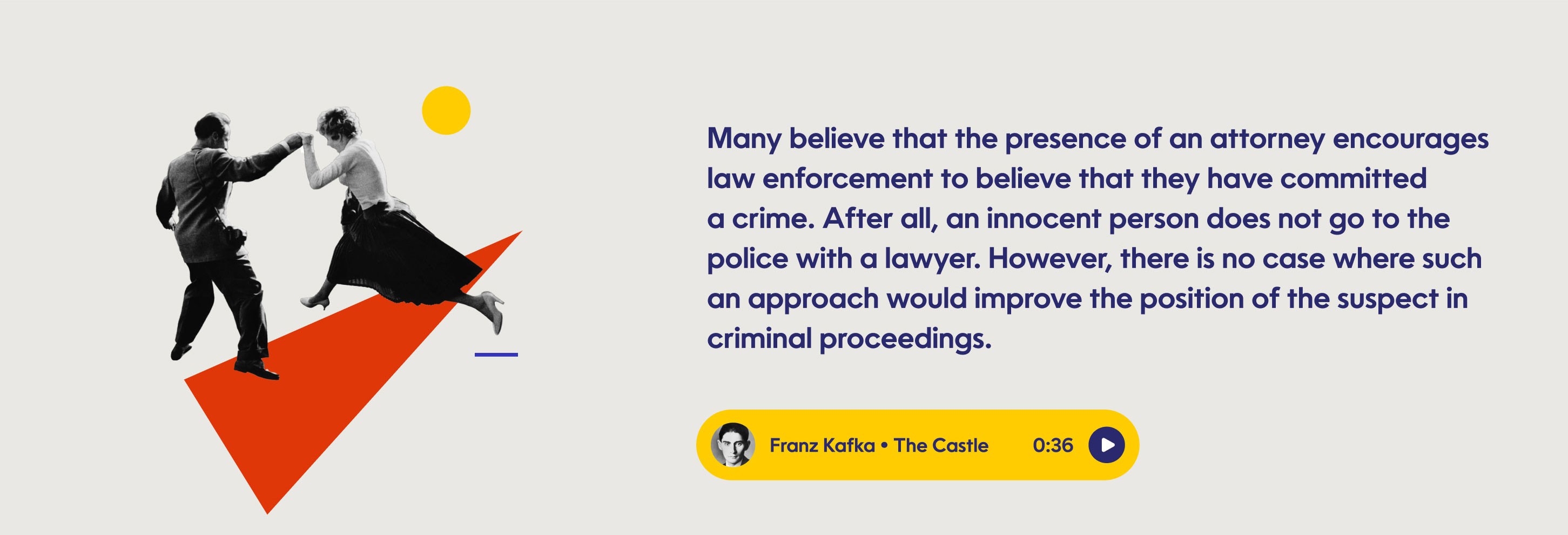 Screenshot from the Ettor & Niess website showing an essay on criminal defense with an embedded audio quote from Franz Kafka's "The Castle"